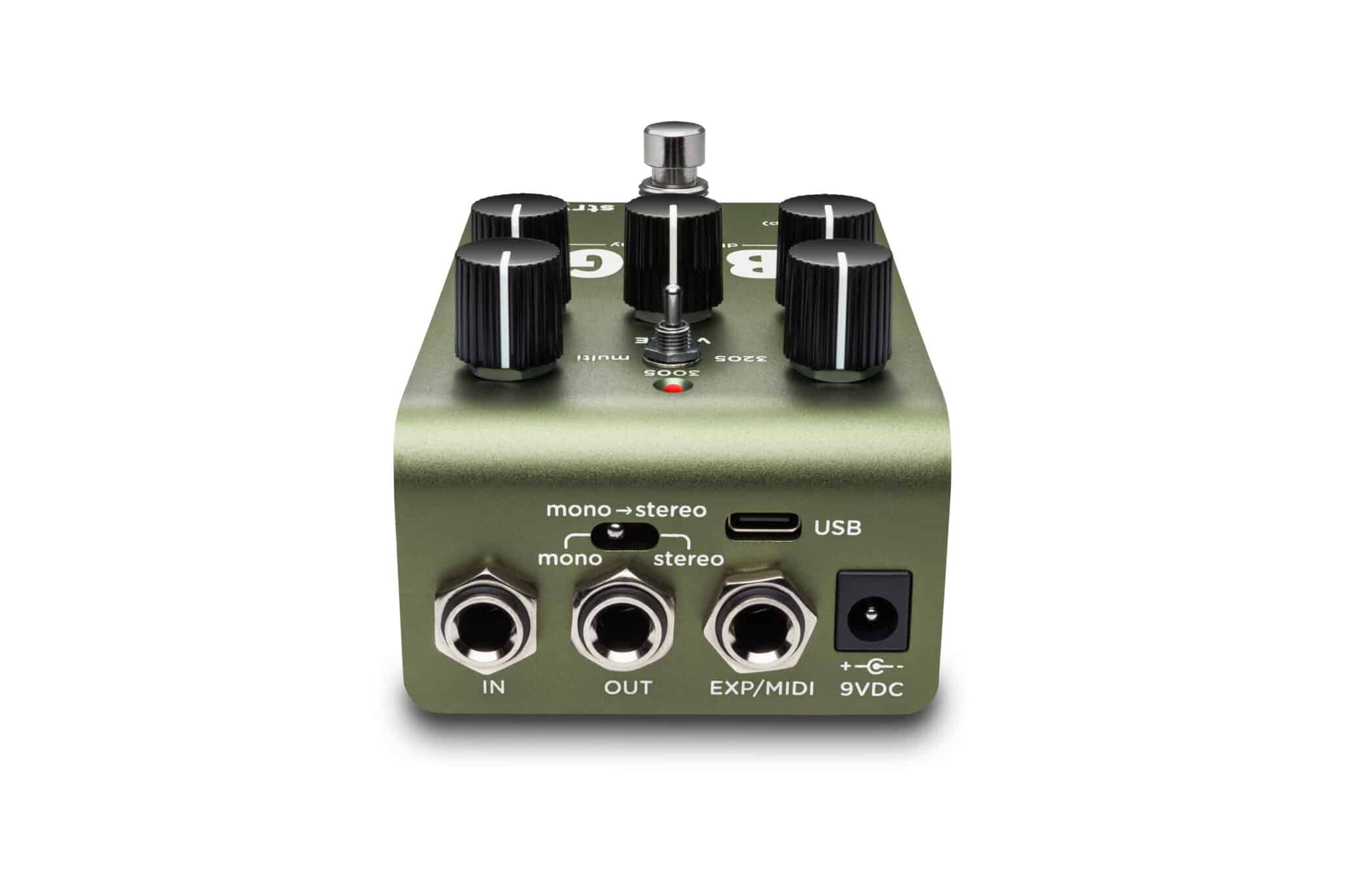 Green FX pedal with four large black knobs, three 1/4-inch jacks labeled IN, OUT, EXP/MIDI, USB-C port, mono-stereo switch, and 9VDC power input.