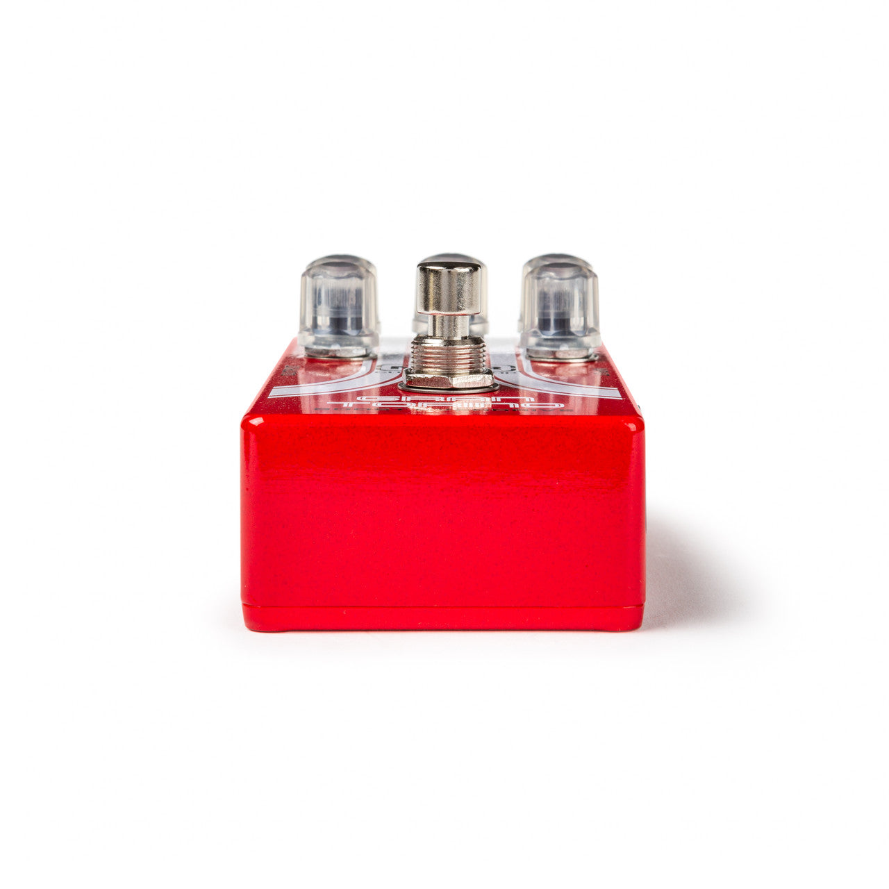 Red FX pedal with three clear knobs on top and a central silver footswitch, viewed from the front against a plain white background.