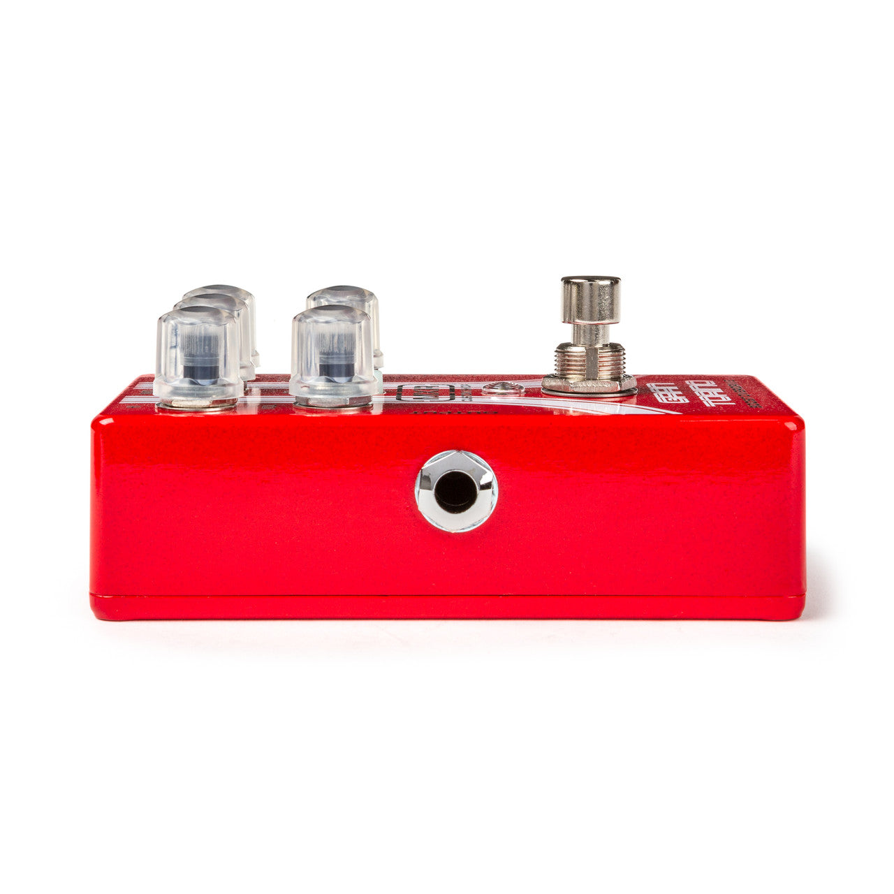 Red FX pedal with three clear control knobs on top, a metal footswitch, and a single quarter-inch input jack on the side.