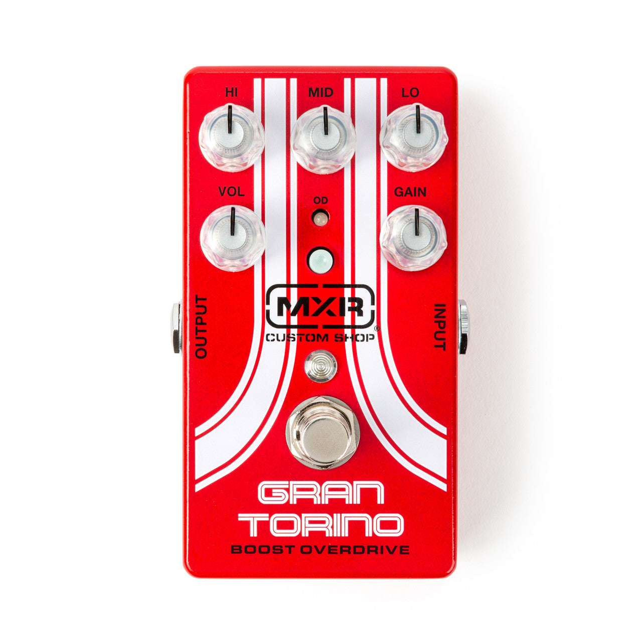 Red MXR Gran Torino Boost Overdrive FX pedal with five knobs labeled HI, MID, LO, VOL, GAIN, central footswitch, and white racing stripes.