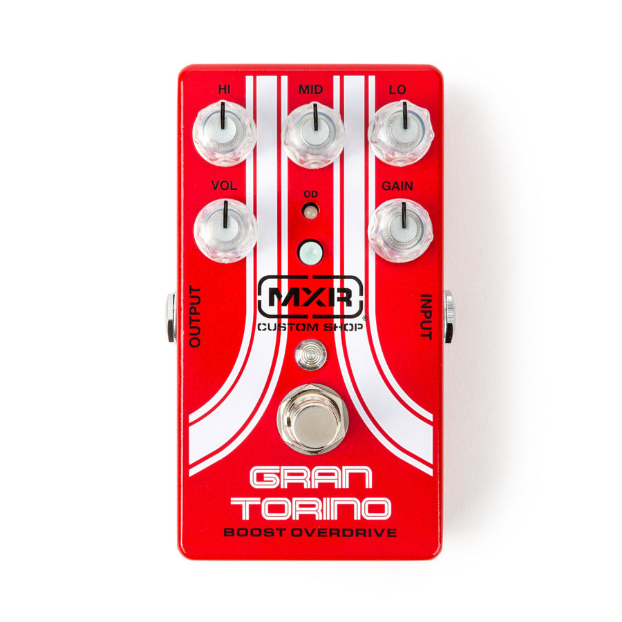 Red MXR Gran Torino Boost Overdrive FX pedal with five knobs labeled HI, MID, LO, VOL, GAIN, central footswitch, and white racing stripes.
