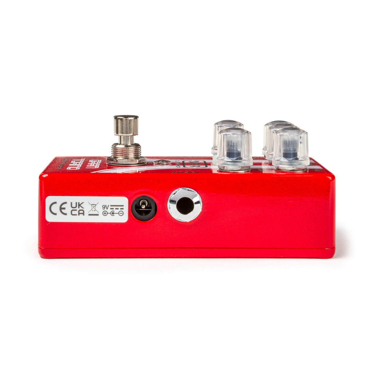 Red FX pedal with three clear control knobs, a metal footswitch, power input, and a 1/4-inch jack on the side.