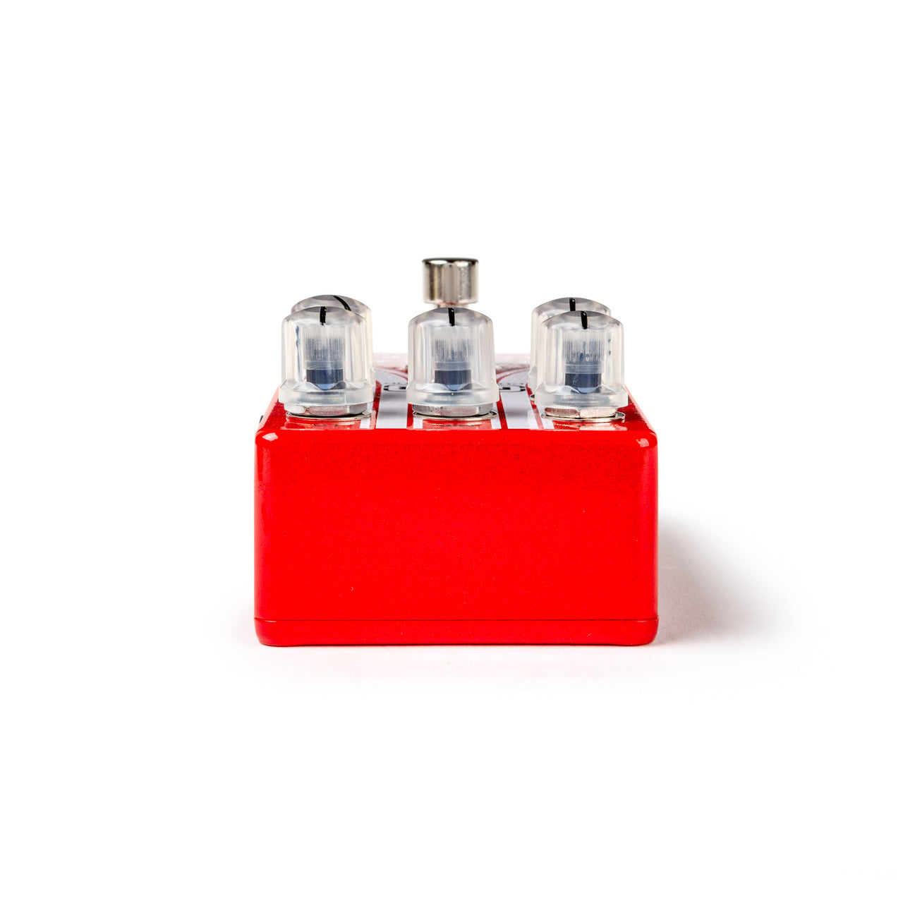 Red FX pedal with four transparent control knobs and a central metal footswitch on top, viewed from the front against a white background.