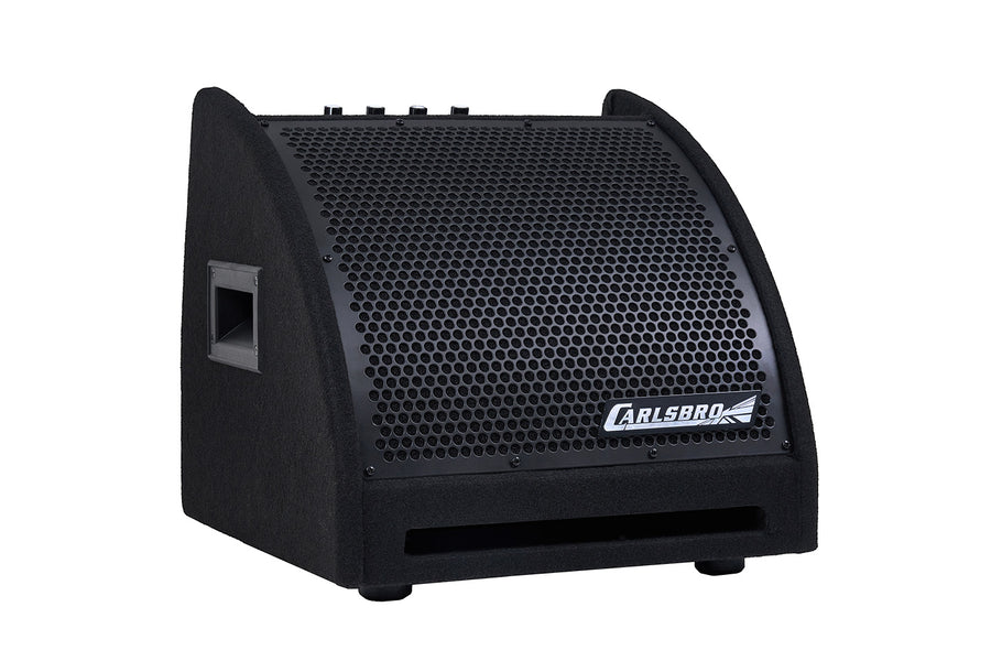 Black wedge-shaped stage monitor speaker with a metal grille, side handle, front bass port, and Carlsbro logo at the lower right of the grille.