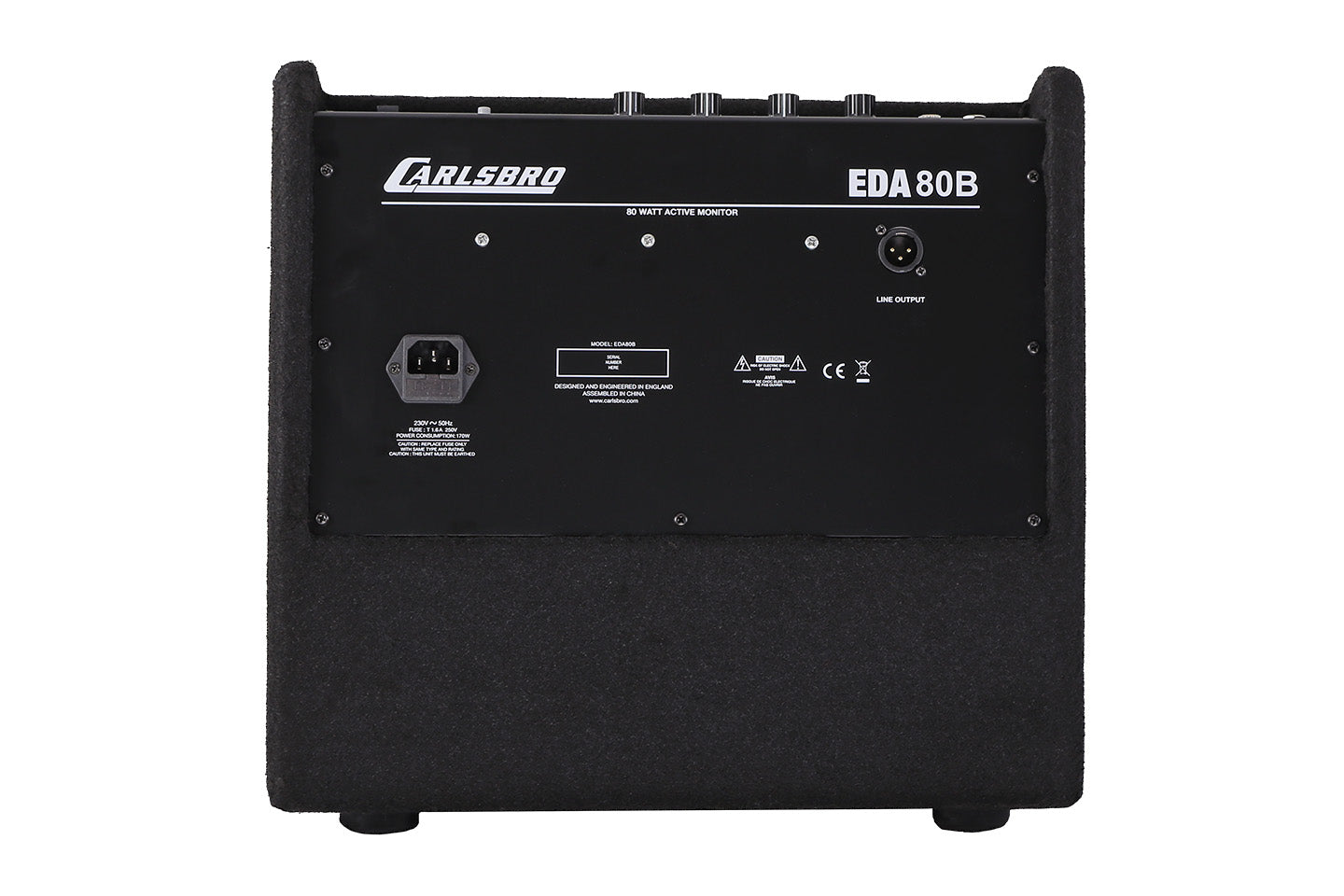 Rear view of a Carlsbro EDA 80B 80-watt active monitor speaker, showing power input, XLR line output, and control knobs on top.