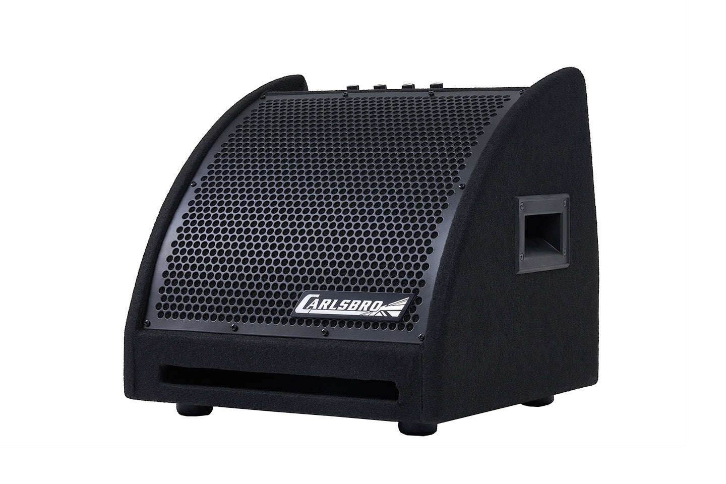 Black Carlsbro stage monitor speaker with a curved metal grille, side handle, front vent, and control knobs on top.