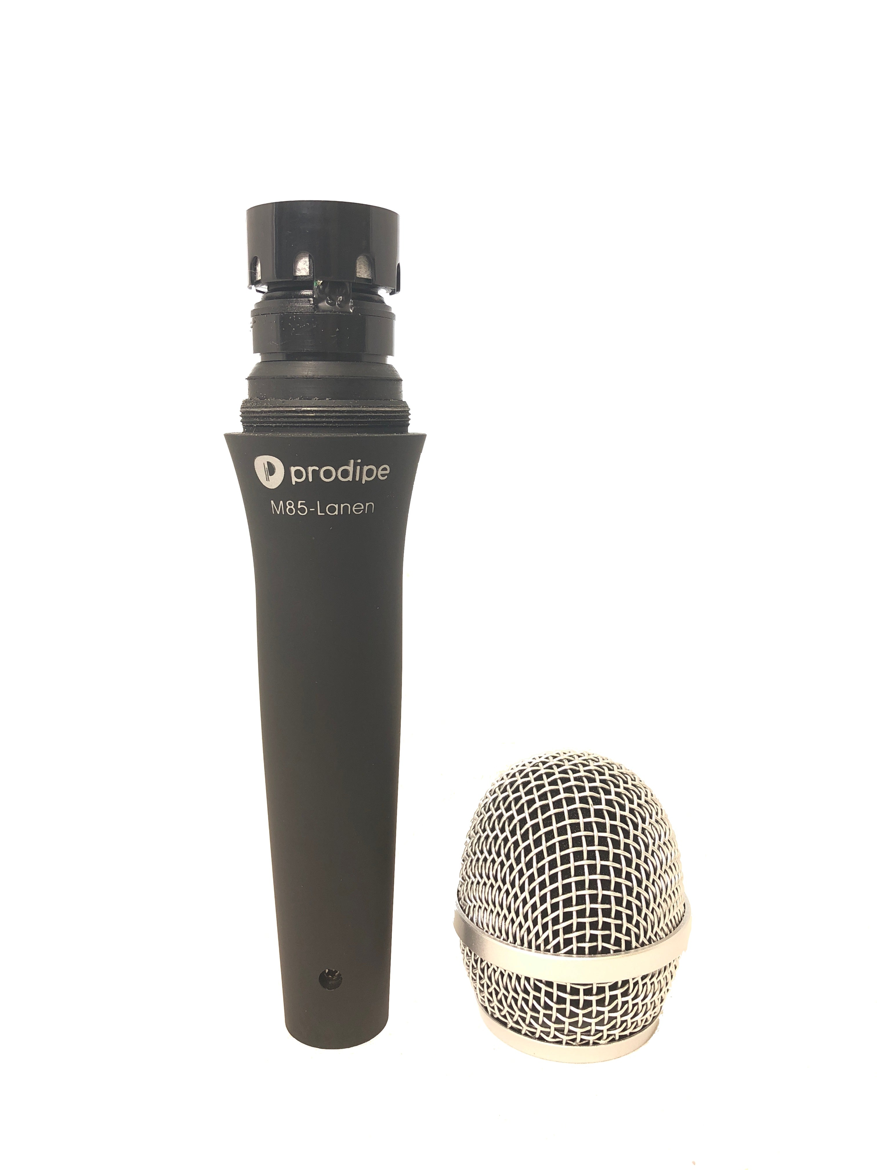 A black handheld Prodipe M85-Lanen microphone with its metal mesh grille unscrewed and placed next to it.