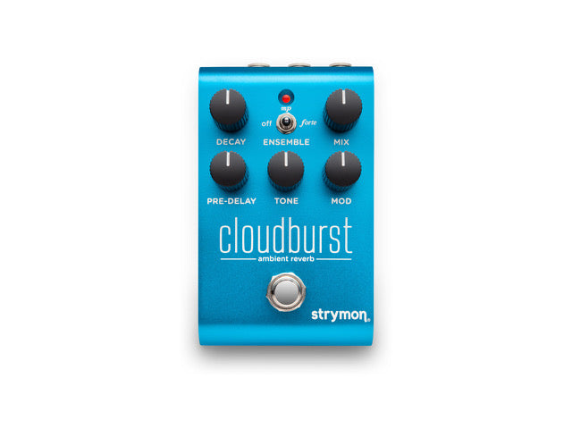 Bright blue Strymon Cloudburst ambient reverb effects pedal with six knobs, a footswitch, and a three-way Ensemble toggle switch.