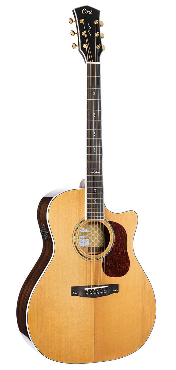 Steel-string acoustic guitar with a natural wood finish, dark sides, gold tuning pegs, cutaway design, and decorative pickguard.