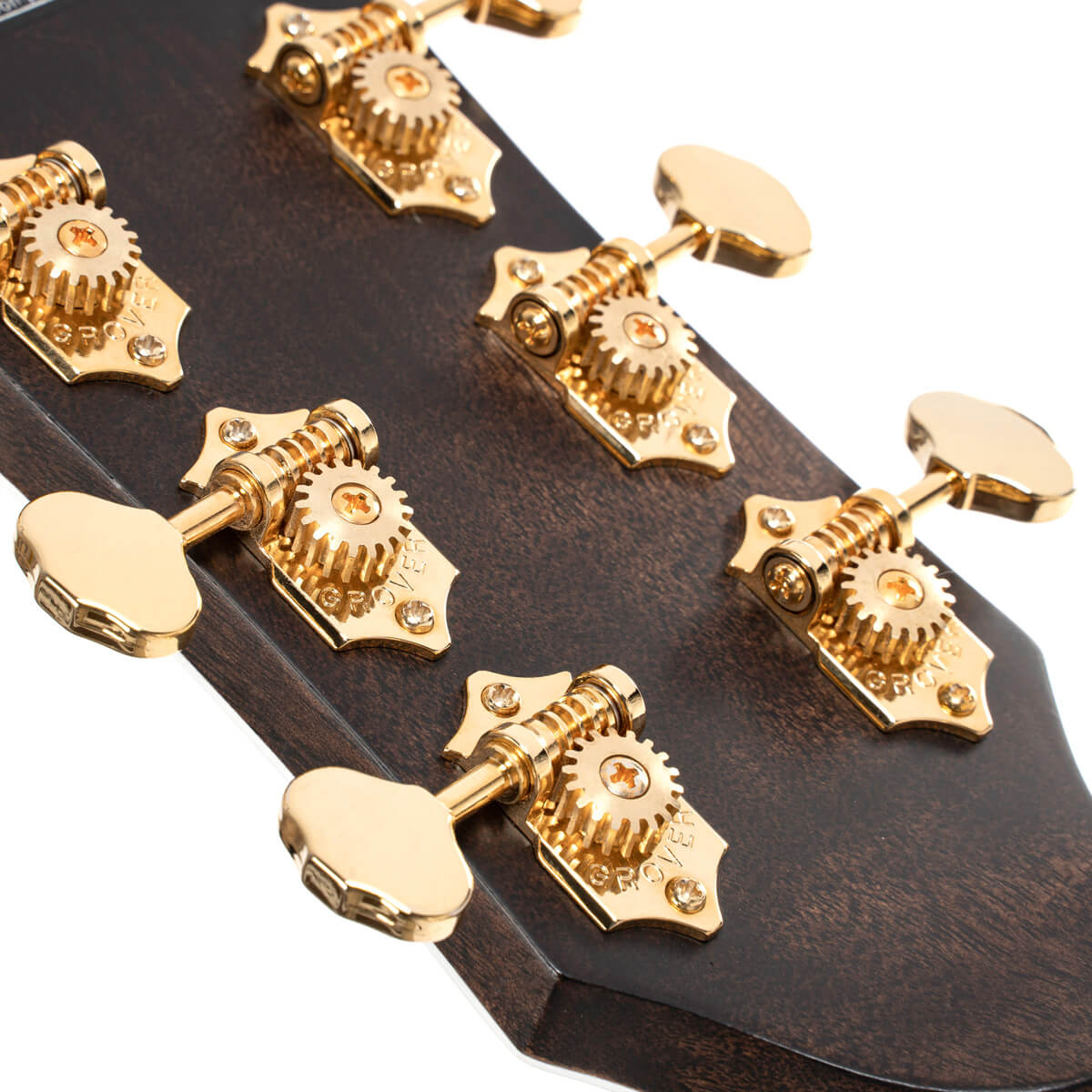Six gold tuning pegs with gears are mounted on the dark wood headstock of an acoustic guitar.