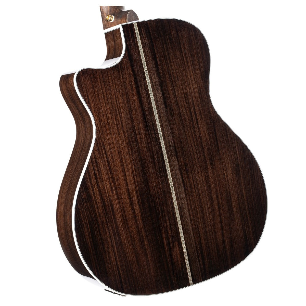 Dark wood acoustic guitar back with a single light decorative strip down the center and white binding along the edges.