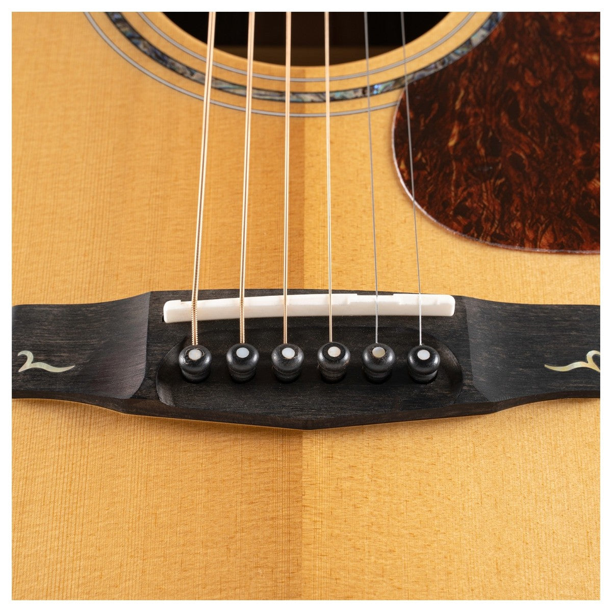 Close-up of an acoustic guitar bridge with six strings, black pins, a white saddle, and part of a tortoiseshell pickguard visible.