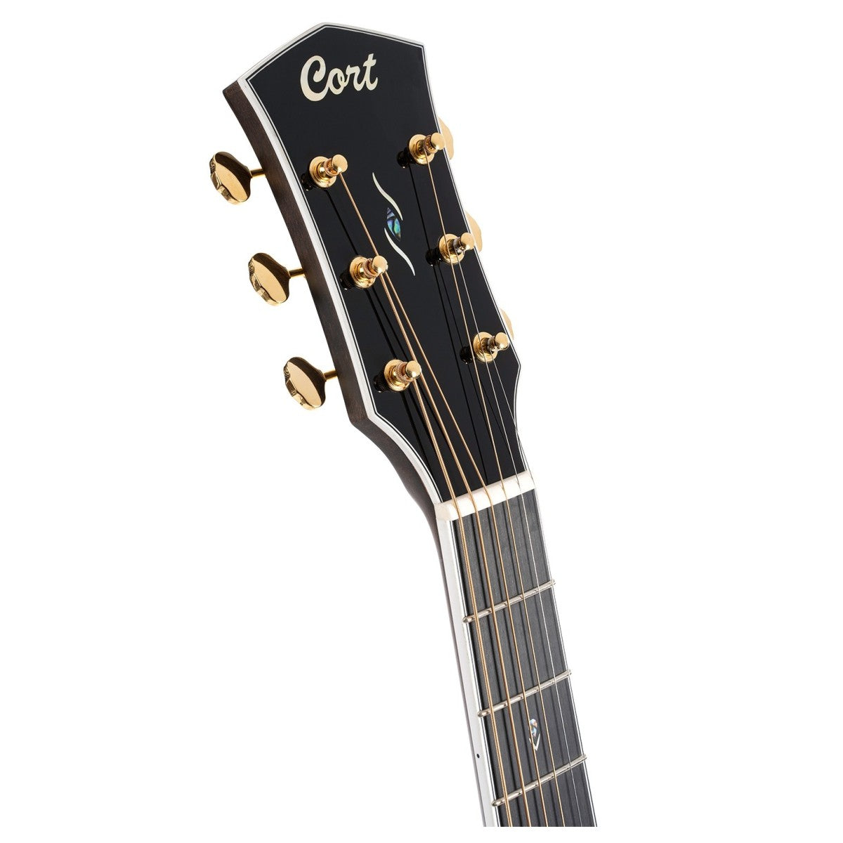 The headstock of a Cort acoustic guitar with gold tuning pegs, black finish, and an inlaid design above the nut.