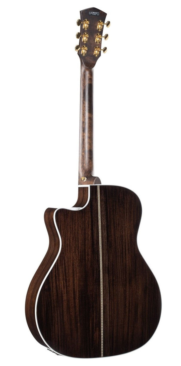 Dark wood acoustic guitar seen from the back, with gold tuning pegs, white trim, and a vertical inlay stripe down the center of the body.