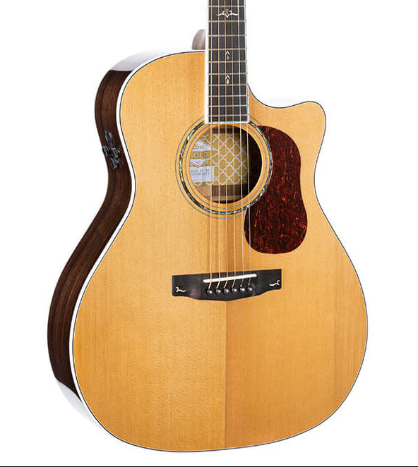 Acoustic guitar with a natural wood finish, dark pickguard, cutaway body, and visible sound hole rosette detail.