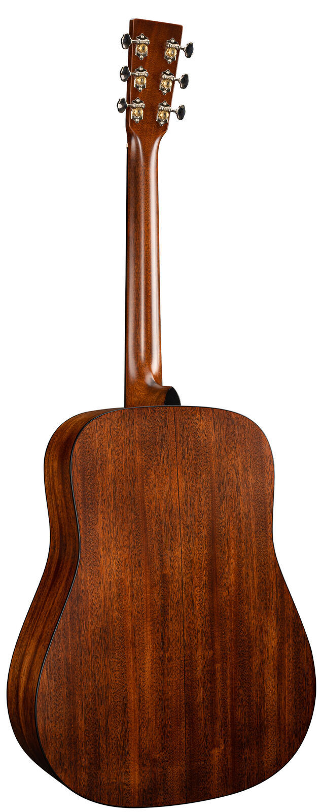 Back view of an acoustic guitar showing rich brown wood grain, six tuning pegs, and a smooth, curved body.