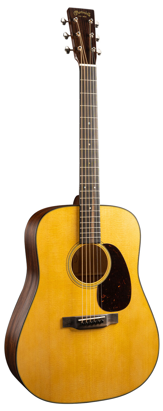 Six-string acoustic guitar with a natural wood finish, dark pickguard, round soundhole, and metal tuning pegs on a headstock marked "Martin & Co."
