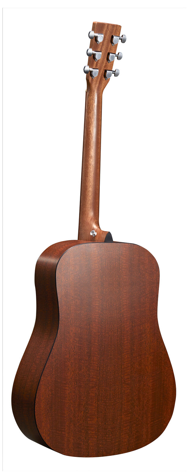 Back view of an acoustic guitar with a smooth, rich brown wood finish and six silver tuning pegs on the headstock.