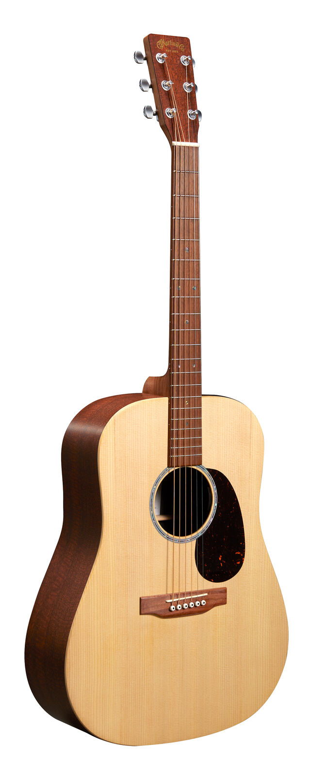 Acoustic guitar with a light-colored top, dark wood sides and neck, six strings, round soundhole, and a teardrop-shaped pickguard.