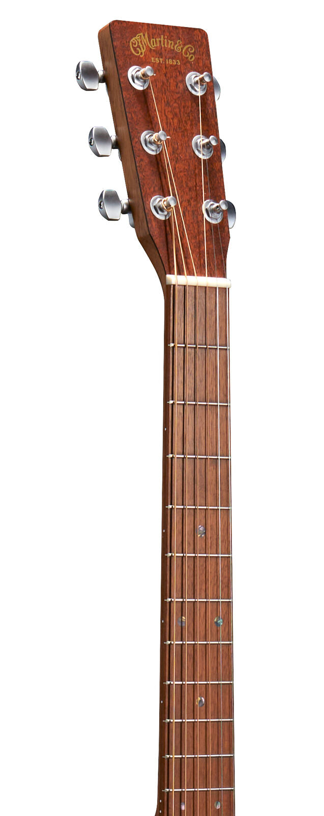 Six-string acoustic guitar neck with a wooden fretboard, metal frets, tuning pegs, and Martin & Co branding on the headstock.