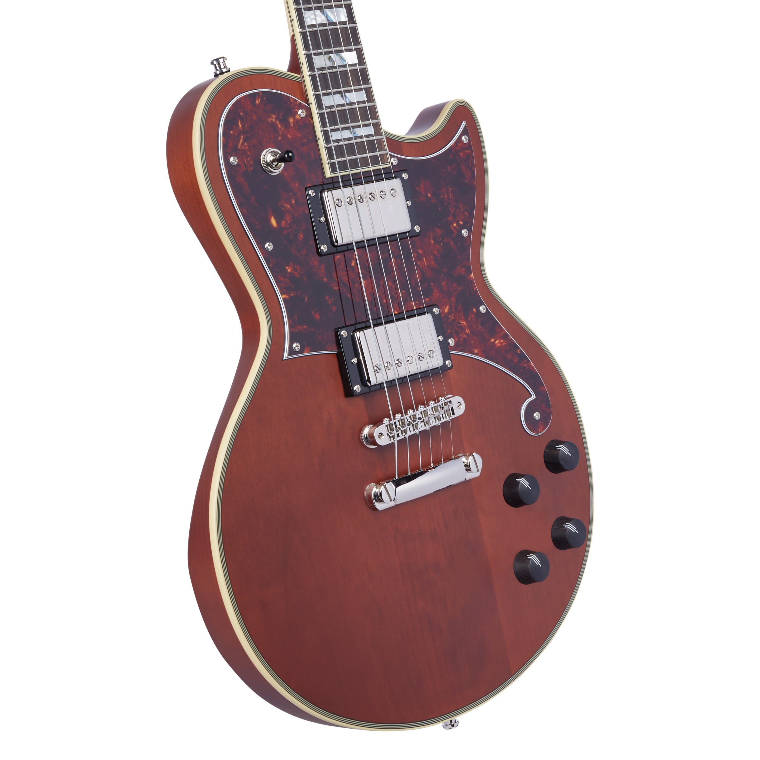 Brown electric guitar with a double humbucker pickup setup, four black control knobs, cream binding, and a tortoiseshell pickguard.