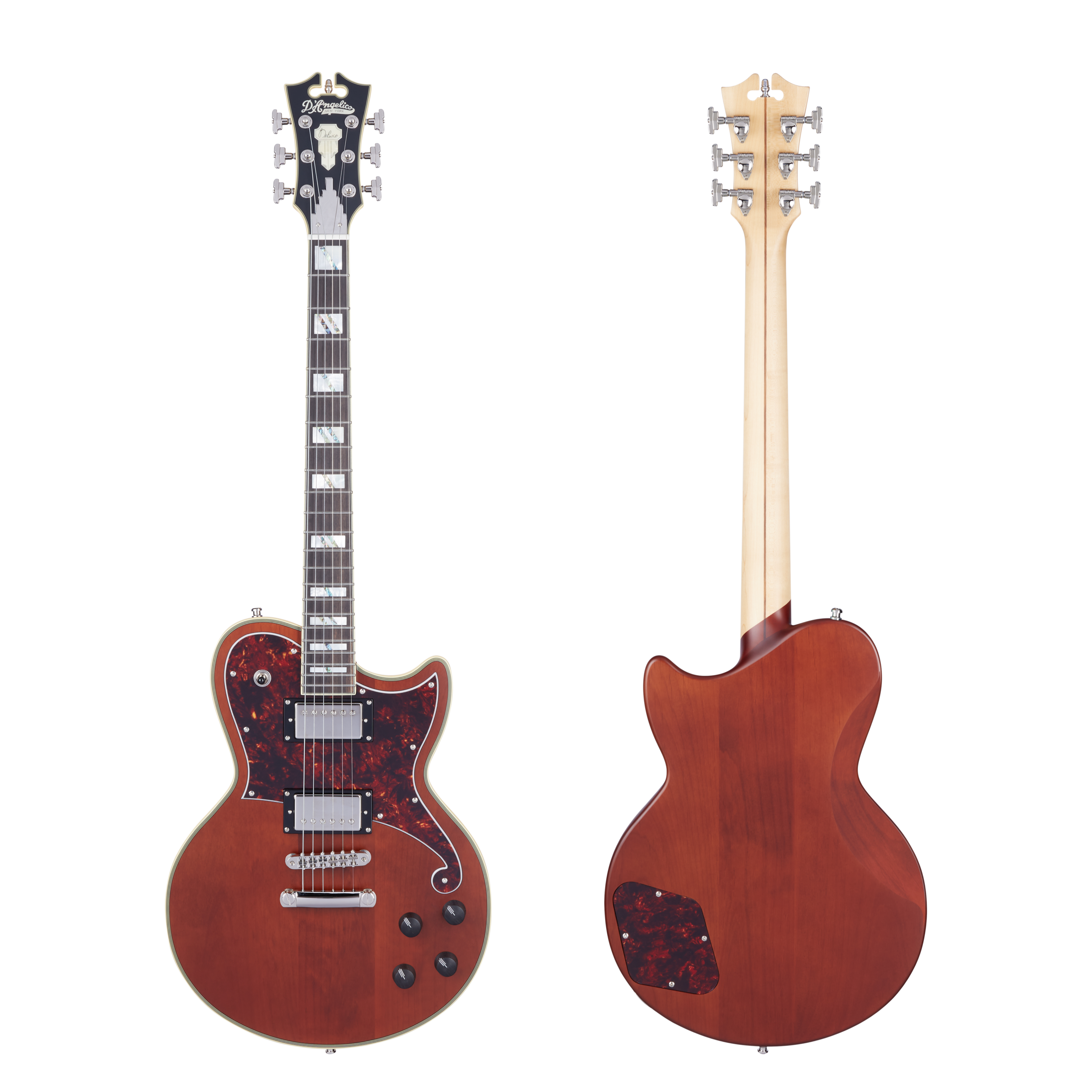 Brown electric guitar with a single-cutaway body, two humbucker pickups, four control knobs, large block inlays, and tortoiseshell pickguard.