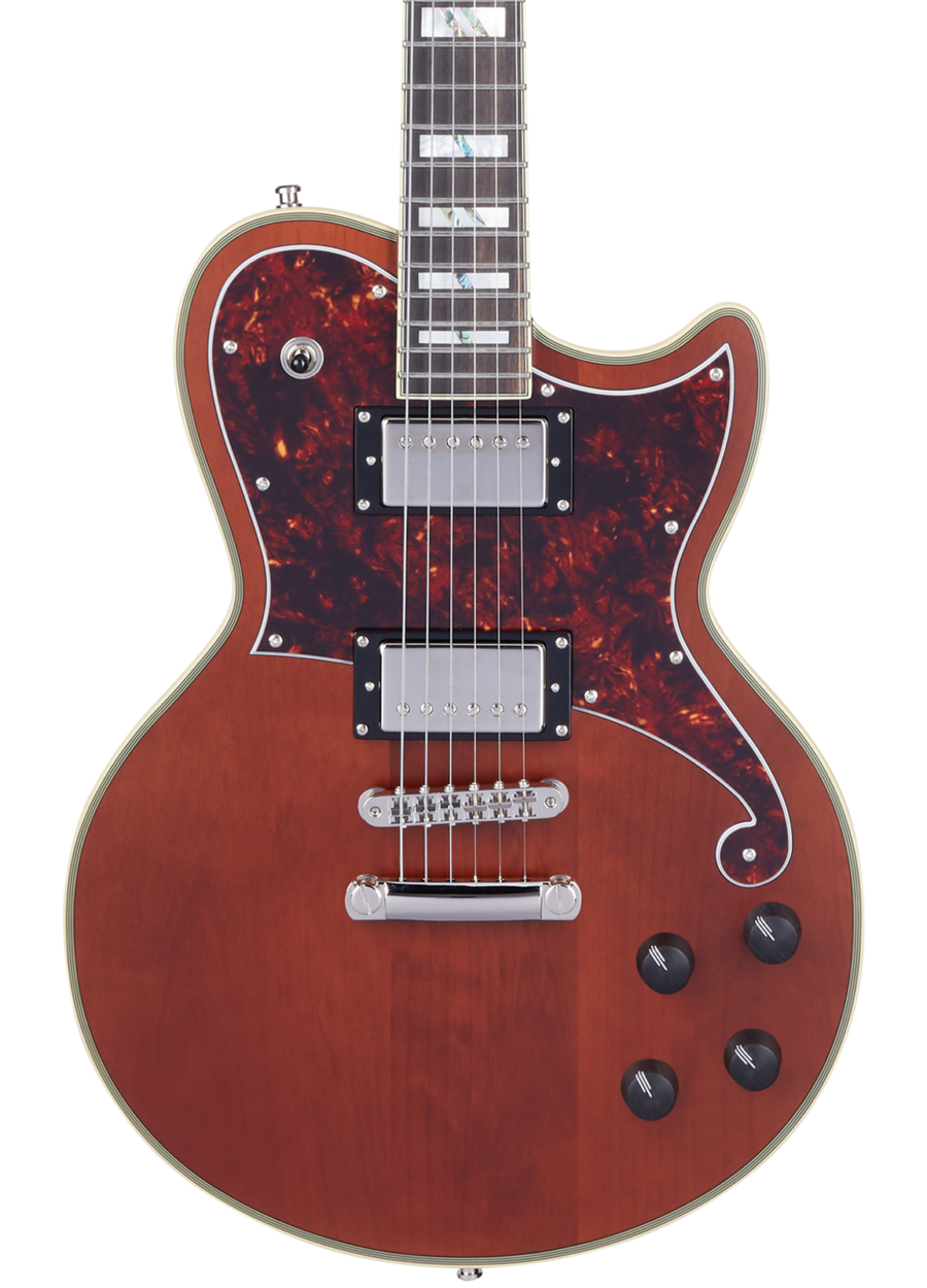 Brown electric guitar with two chrome-covered pickups, tortoiseshell-patterned pickguard, four black control knobs, and silver bridge hardware.