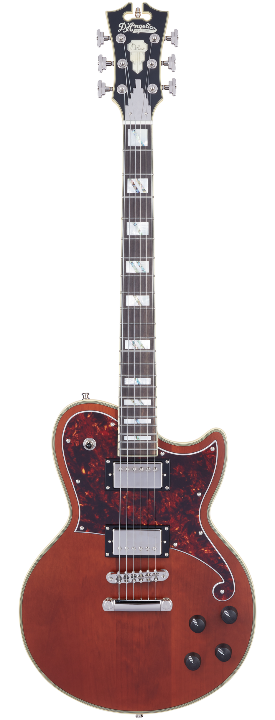 Brown-bodied electric guitar with rectangular inlays, two humbucker pickups, four black control knobs, and a dark tortoiseshell pickguard.