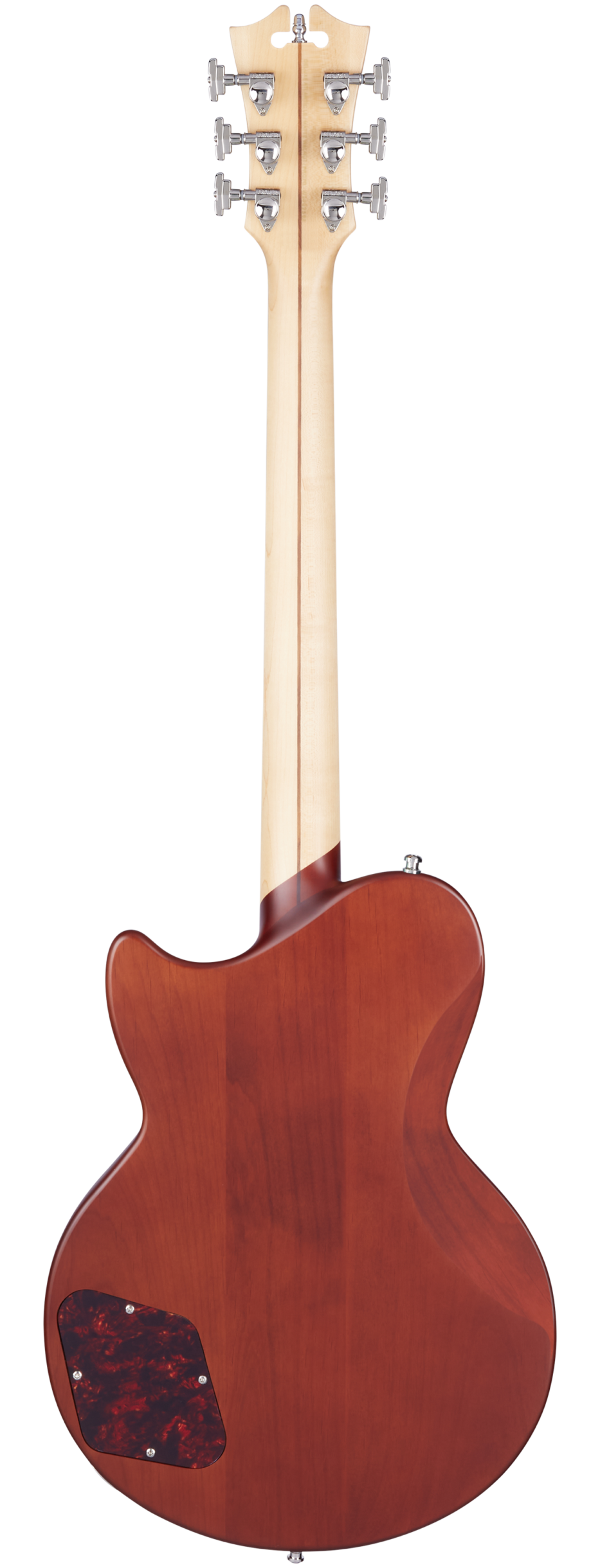 Rear view of an electric guitar with a natural wood neck, reddish-brown body, and a dark marbled electronics cover on the lower back.