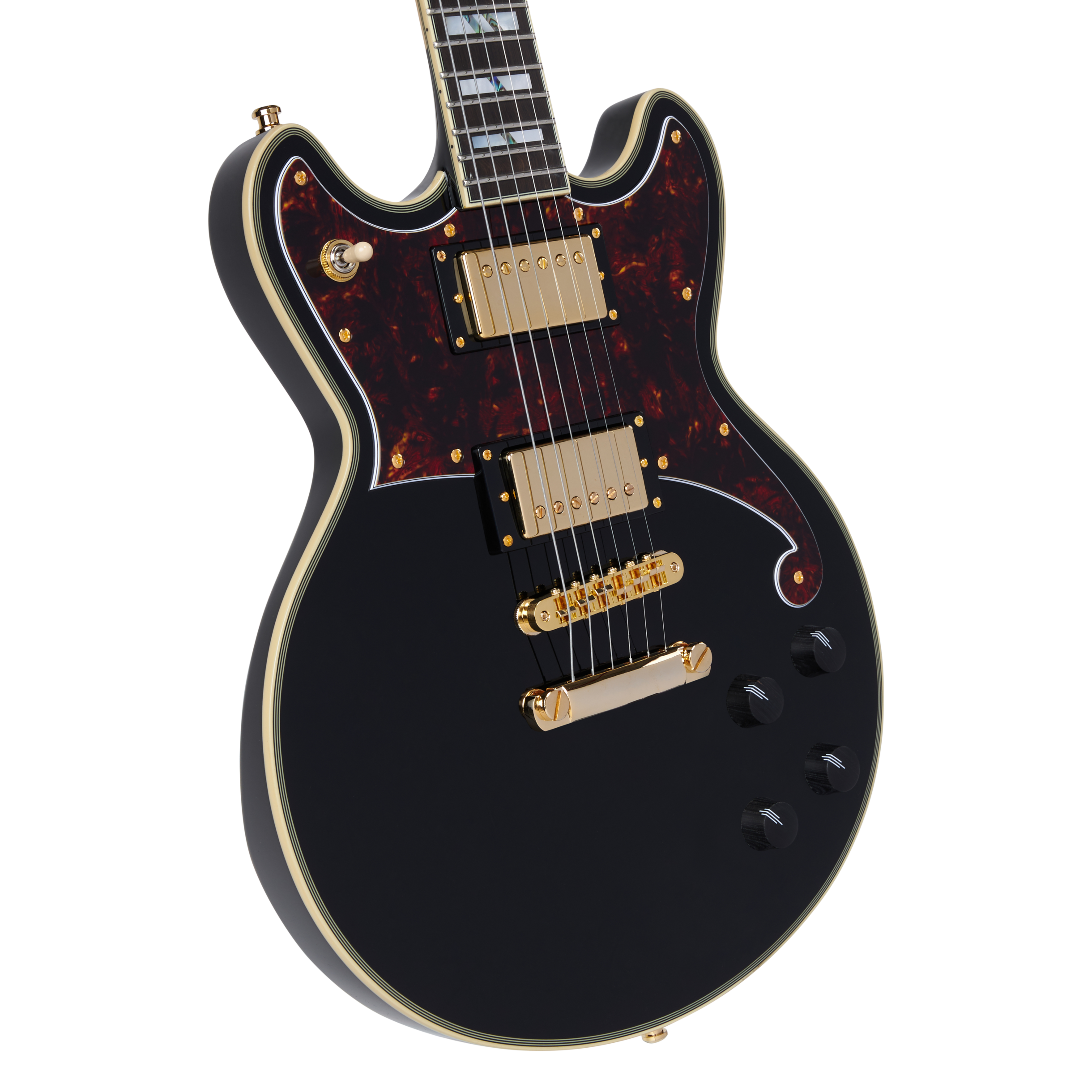 Black electric guitar with gold hardware, tortoiseshell pickguard, two humbucker pickups, four black control knobs, and cream binding around the body.