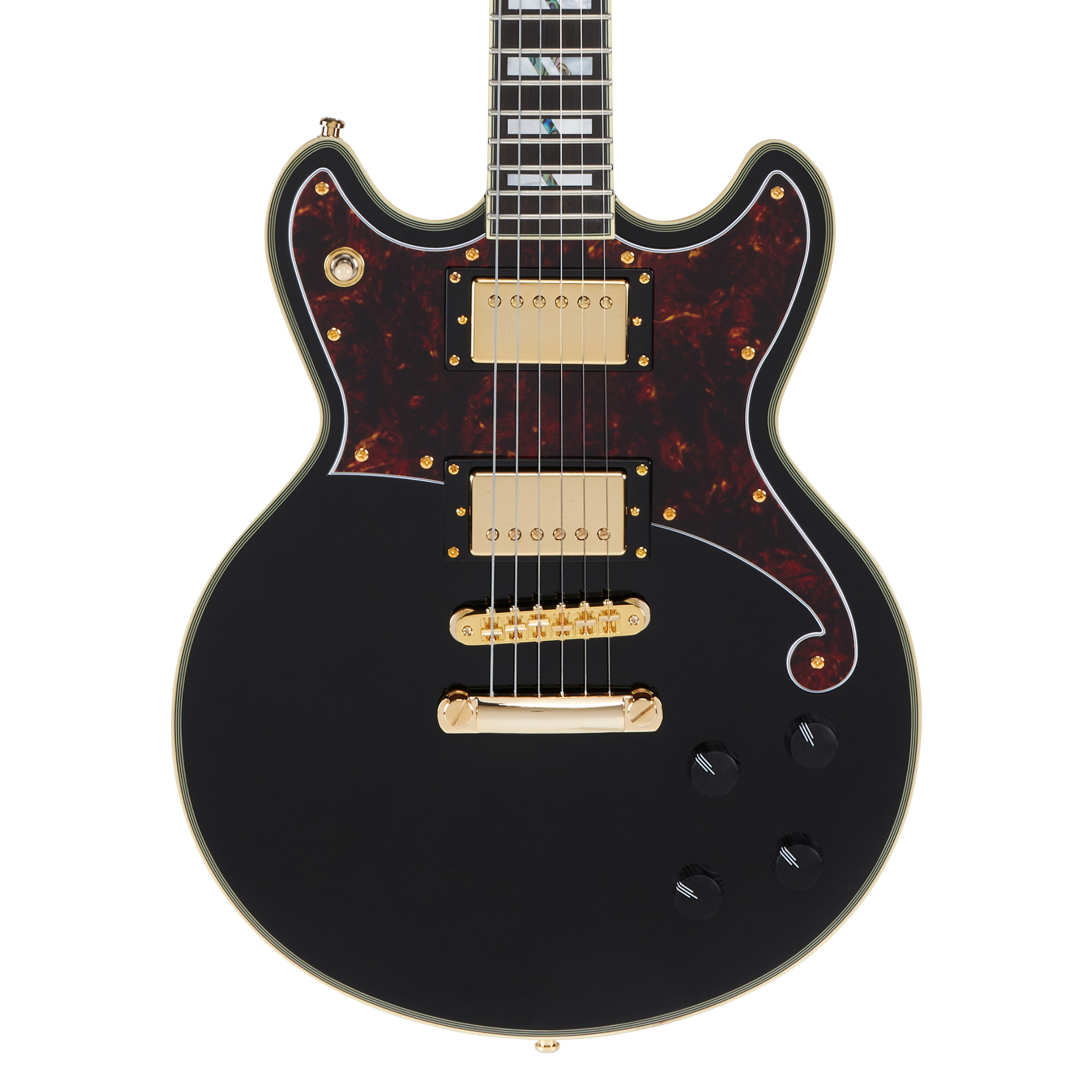 Black electric guitar with gold hardware, two humbucker pickups, three black control knobs, and a dark tortoiseshell-pattern pickguard.