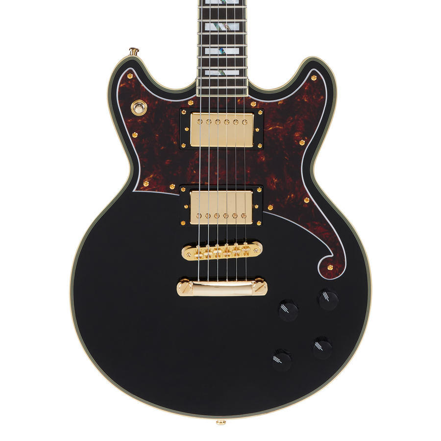 Black electric guitar with gold hardware, two humbucker pickups, three black control knobs, and a dark tortoiseshell-pattern pickguard.