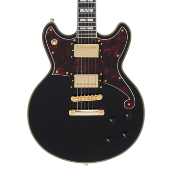 Black electric guitar with gold hardware, two humbucker pickups, three black control knobs, and a dark tortoiseshell-pattern pickguard.