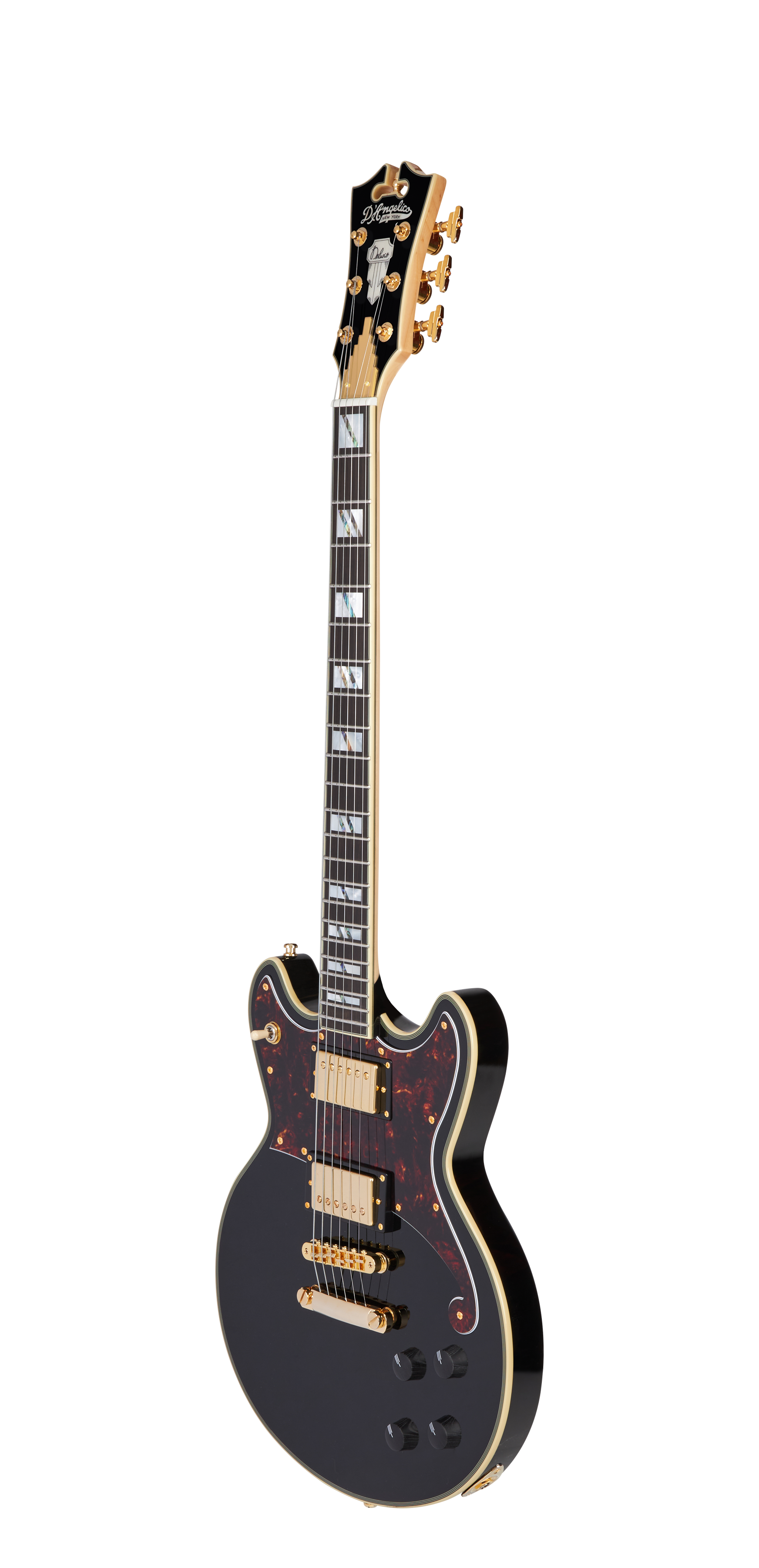 Black electric guitar with gold hardware, two humbucker pickups, tortoiseshell pickguard, and block inlays on the fretboard.
