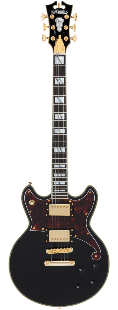 Black double-cutaway electric guitar with gold hardware, two humbucker pickups, tortoiseshell pickguard, and block inlays on a dark fretboard.
