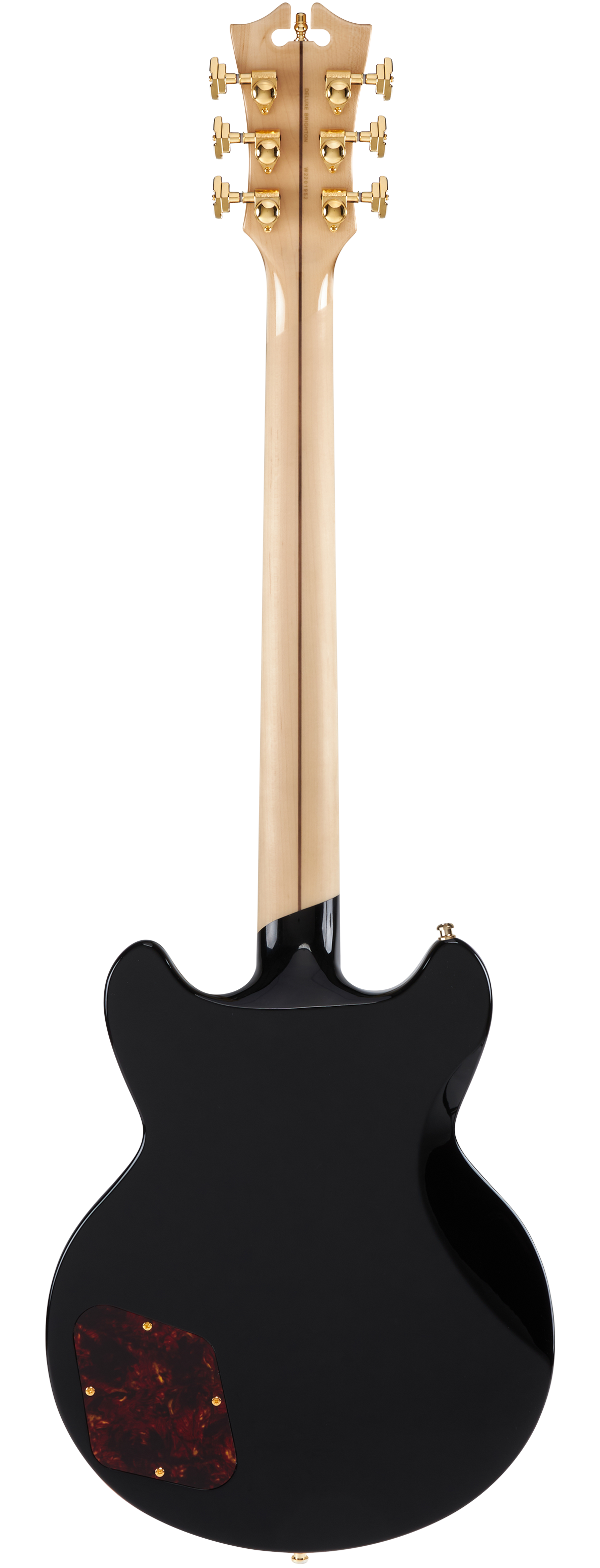Black electric guitar shown from the back, with a natural wood neck, gold tuning pegs, and a reddish-brown cover plate on the body.