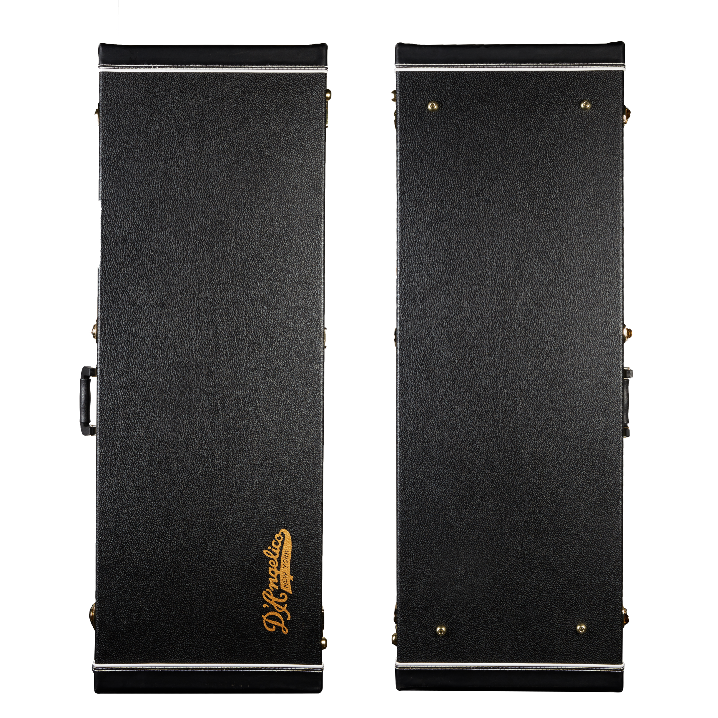 Two black rectangular electric guitar cases, one with a gold D'Angelico logo in the bottom left corner, metal latches and side handles visible.
