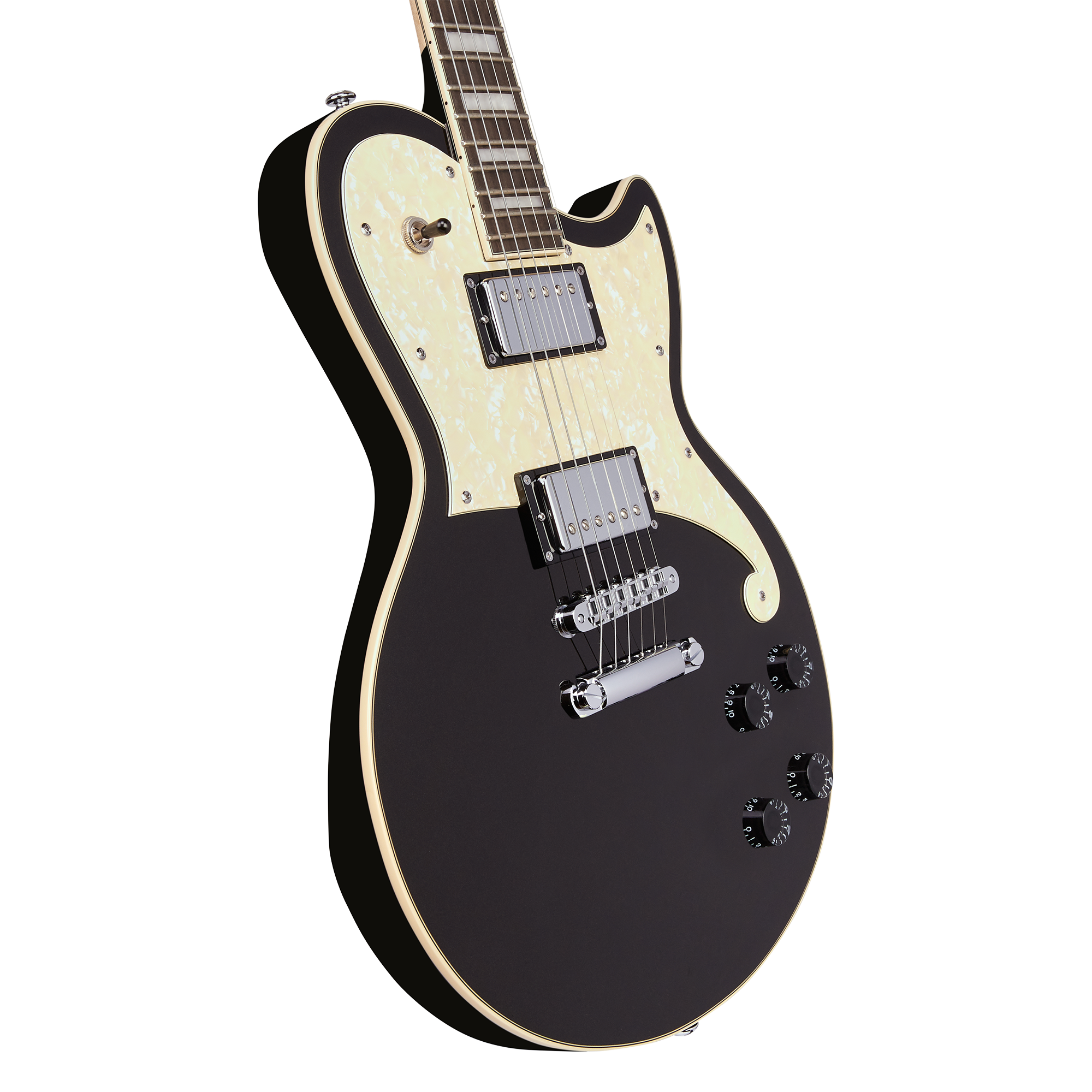 Black electric guitar with cream pickguard, chrome hardware, two humbucker pickups, four control knobs, and cream binding along the body edges.