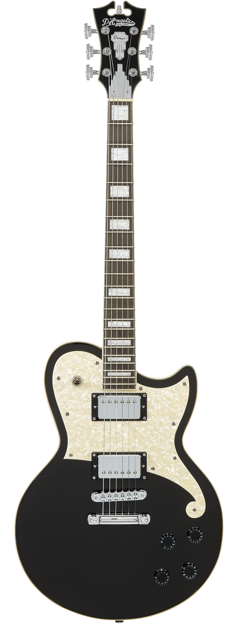 Black electric guitar with a single cutaway, pearl white pickguard, two chrome humbucker pickups, four black control knobs, and large block inlays.