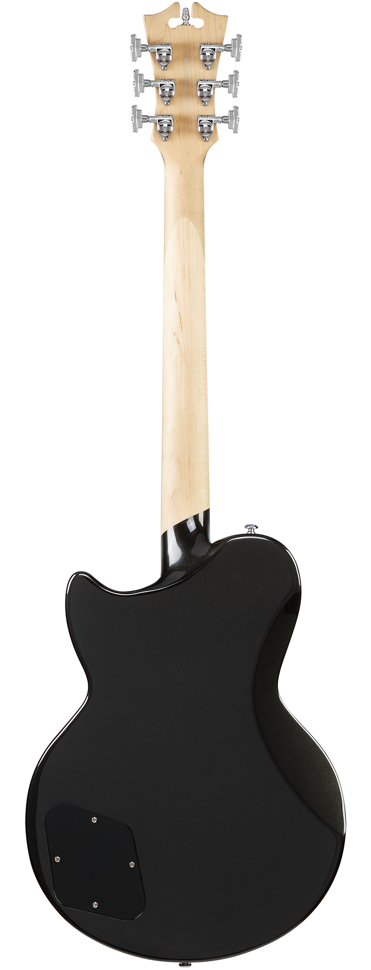 Electric guitar seen from the back, with a natural wood neck and black body featuring a rectangular panel secured by screws.