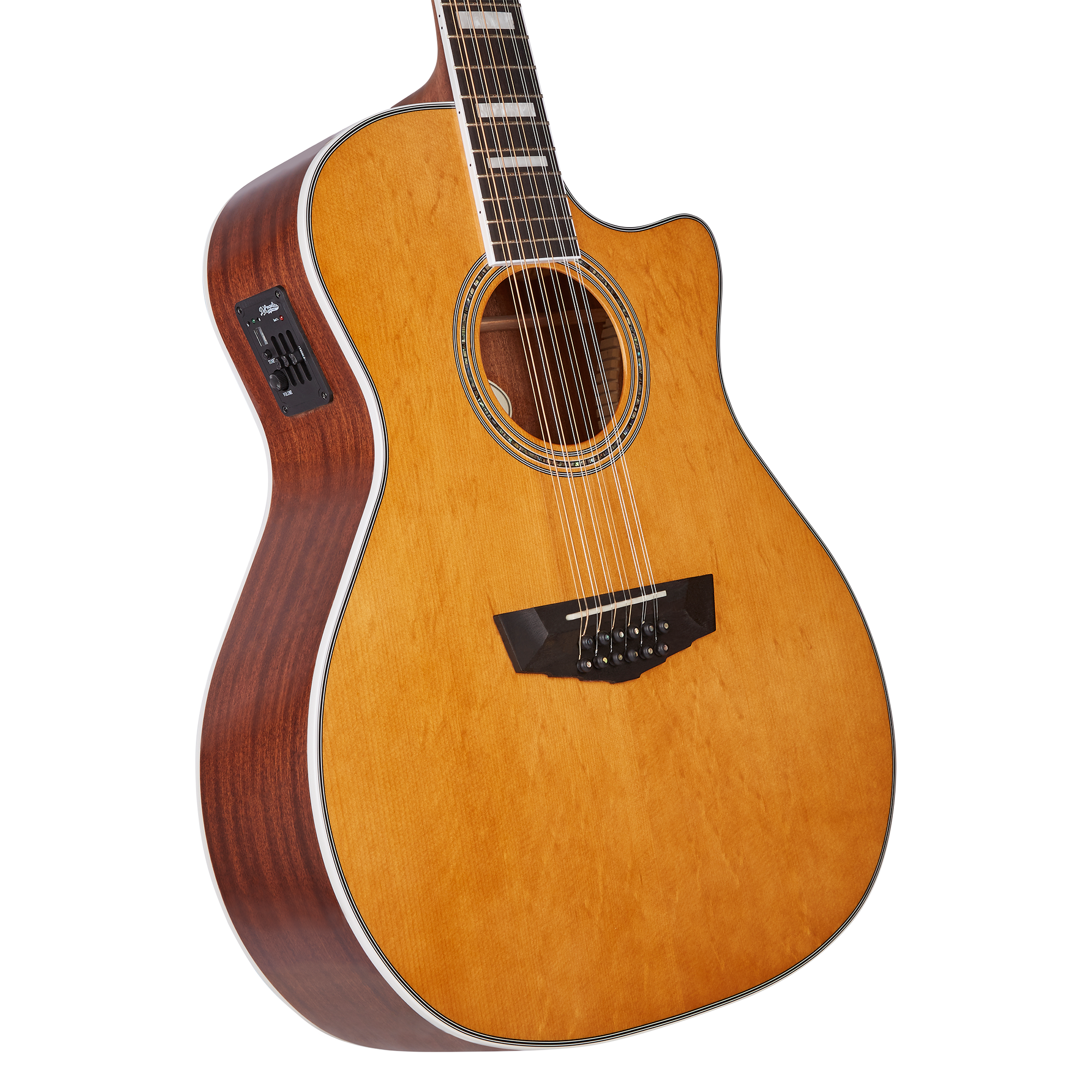 Twelve-string acoustic guitar with a cutaway body, wood grain top, dark sides, built-in electronic controls, and pearloid inlays on the fretboard.