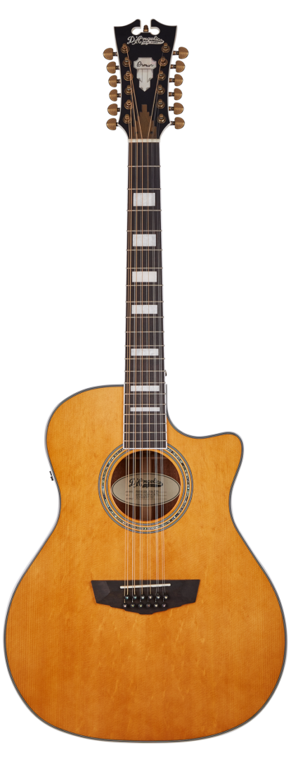 Twelve-string acoustic guitar with a light wood body, a single cutaway, black pickguard, and large rectangular inlays on a dark fretboard.