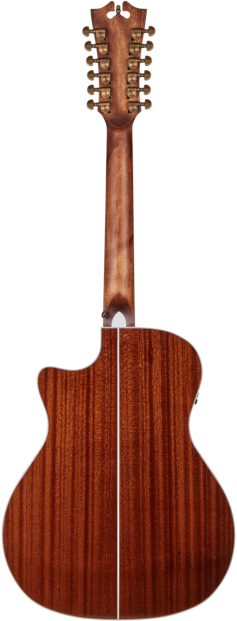 Twelve-string acoustic guitar viewed from the back, showing rich brown wood grain with a center seam and a cutaway body shape.