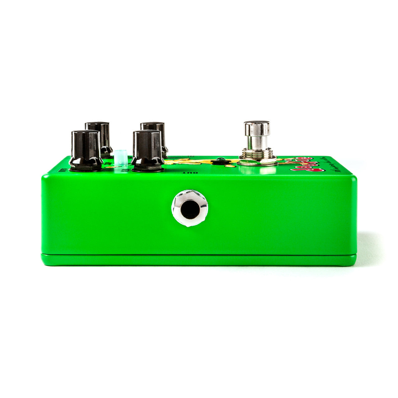 Bright green FX pedal with four black knobs, a metal footswitch, and a single quarter-inch input jack on the front side.