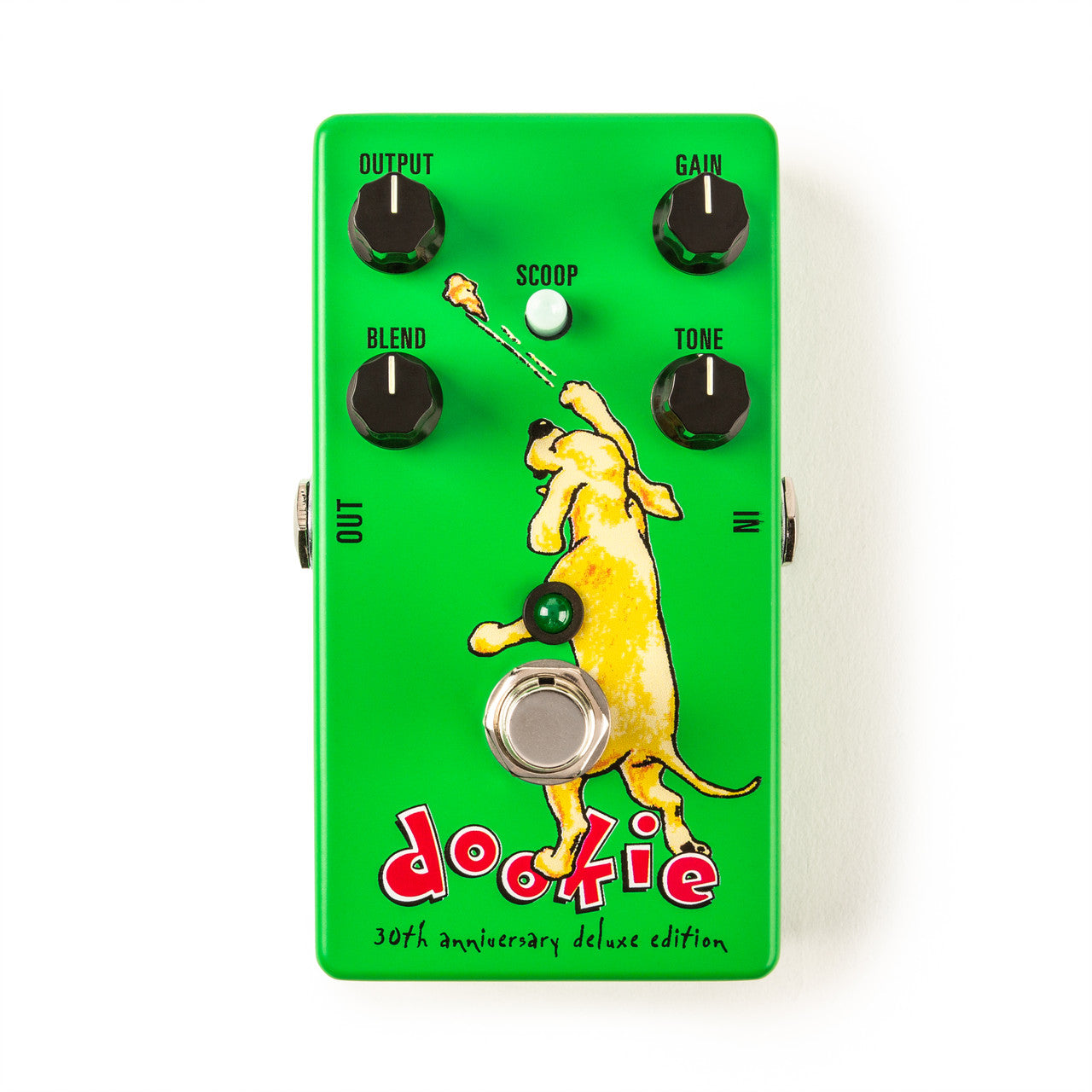 Bright green FX pedal with cartoon dog catching a flying object, five knobs, labeled "dookie" and "30th anniversary deluxe edition" at the bottom.