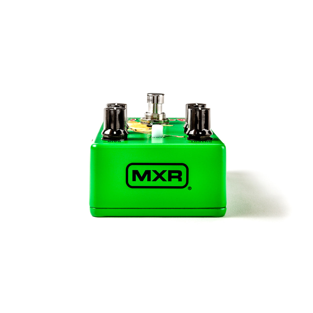 Bright green FX pedal with three black control knobs, a silver footswitch, and the bold black MXR logo on the front face.