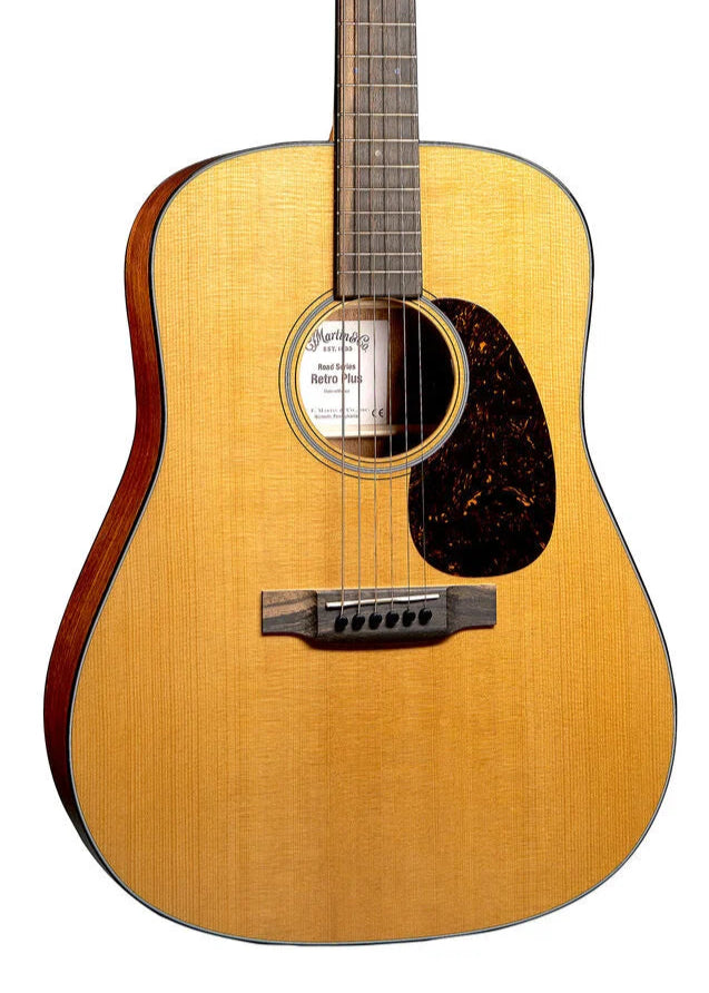 Classic six-string acoustic guitar with a light wood top, dark pickguard, and sound hole label reading "Martin & Co. Road Series Retro Plus."