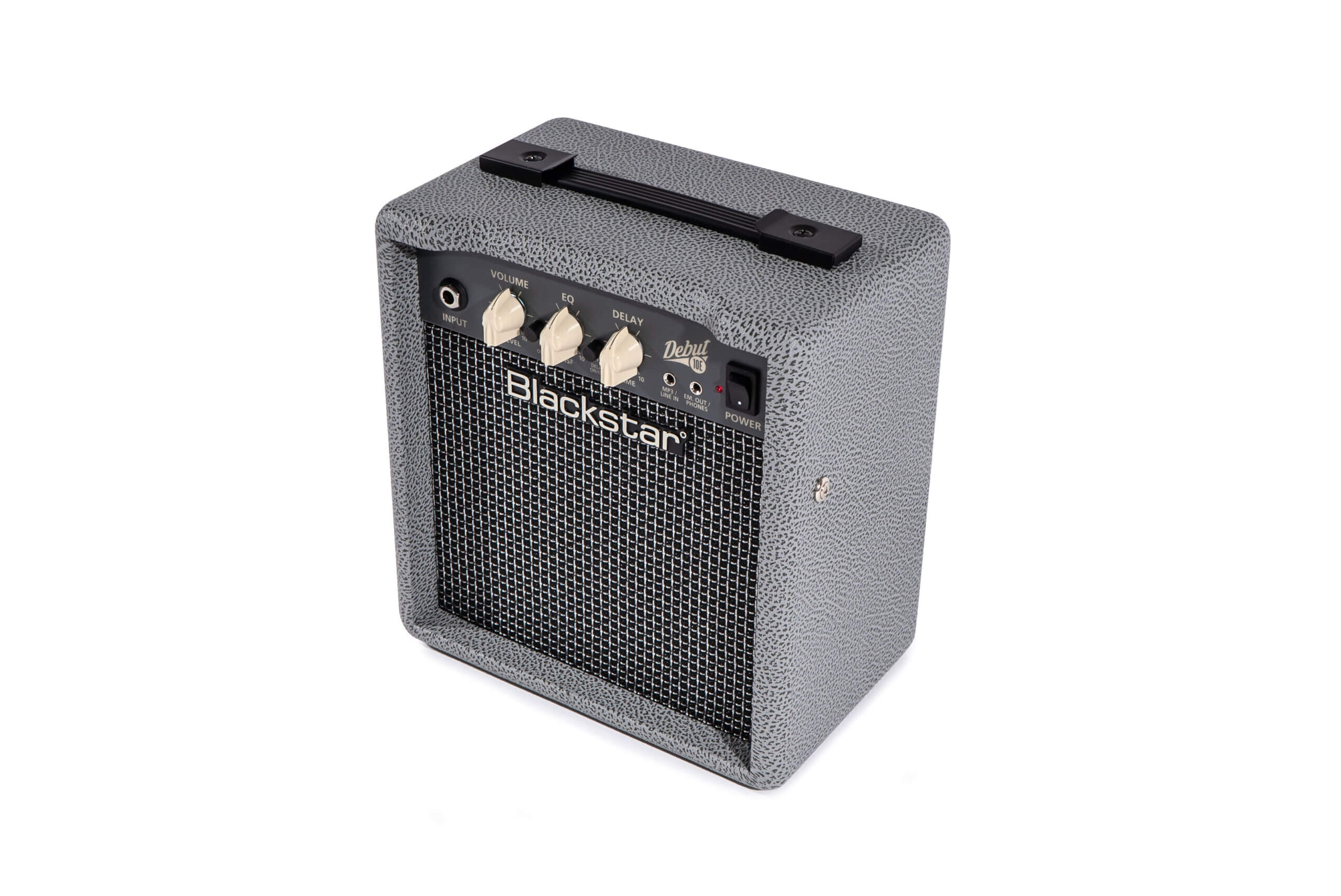 Compact Blackstar amplifier with textured gray casing, carrying handle, three control knobs, input jack, and black speaker grille on the front.