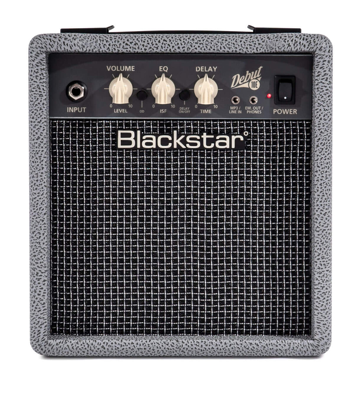 Blackstar amplifier with a textured gray border, black grille, four control knobs on top, labeled input, volume, EQ, delay, and power button.