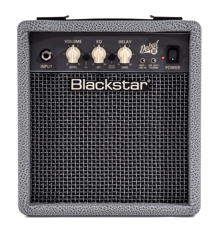 Blackstar amplifier with a textured gray border, black grille, four control knobs on top, labeled input, volume, EQ, delay, and power button.